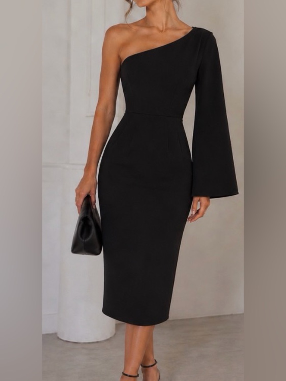 Asymmetric One-Shoulder Black Dress with Dramatic Bell Sleeve